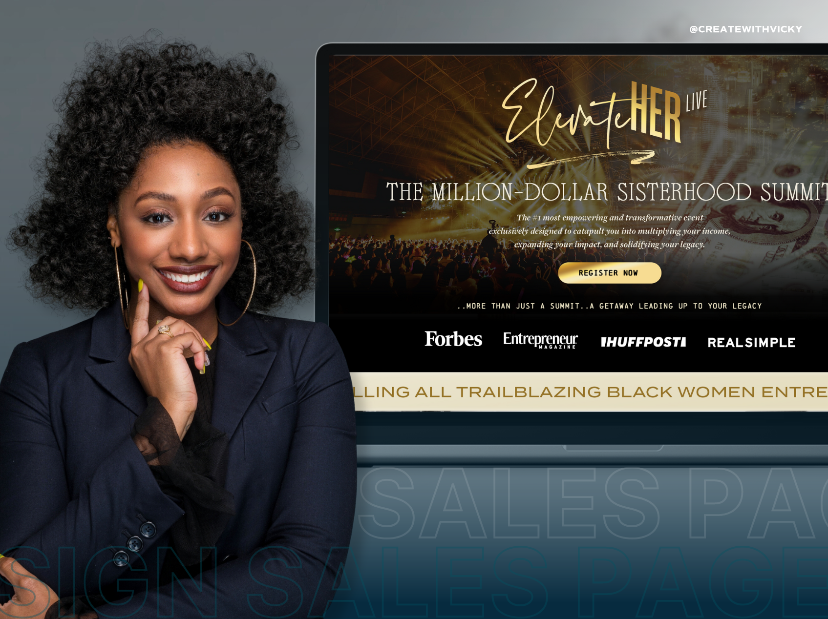 black woman standing beside a laptop mockup of a sales page banner design