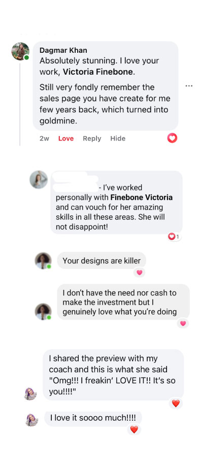 Screenshots of client love and feedback for graphic and page design work.