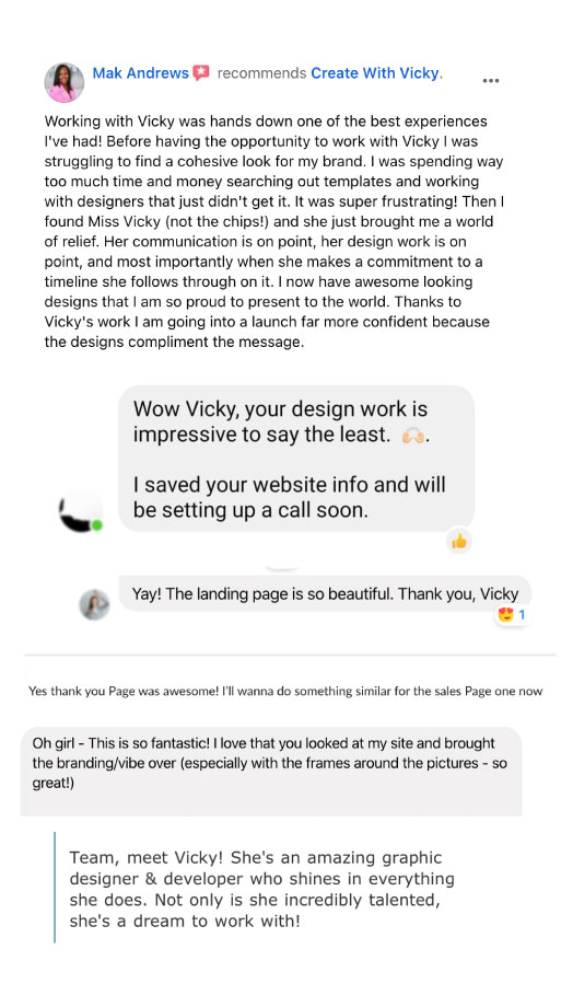 Column of client testimonials praising sales page design and graphics.