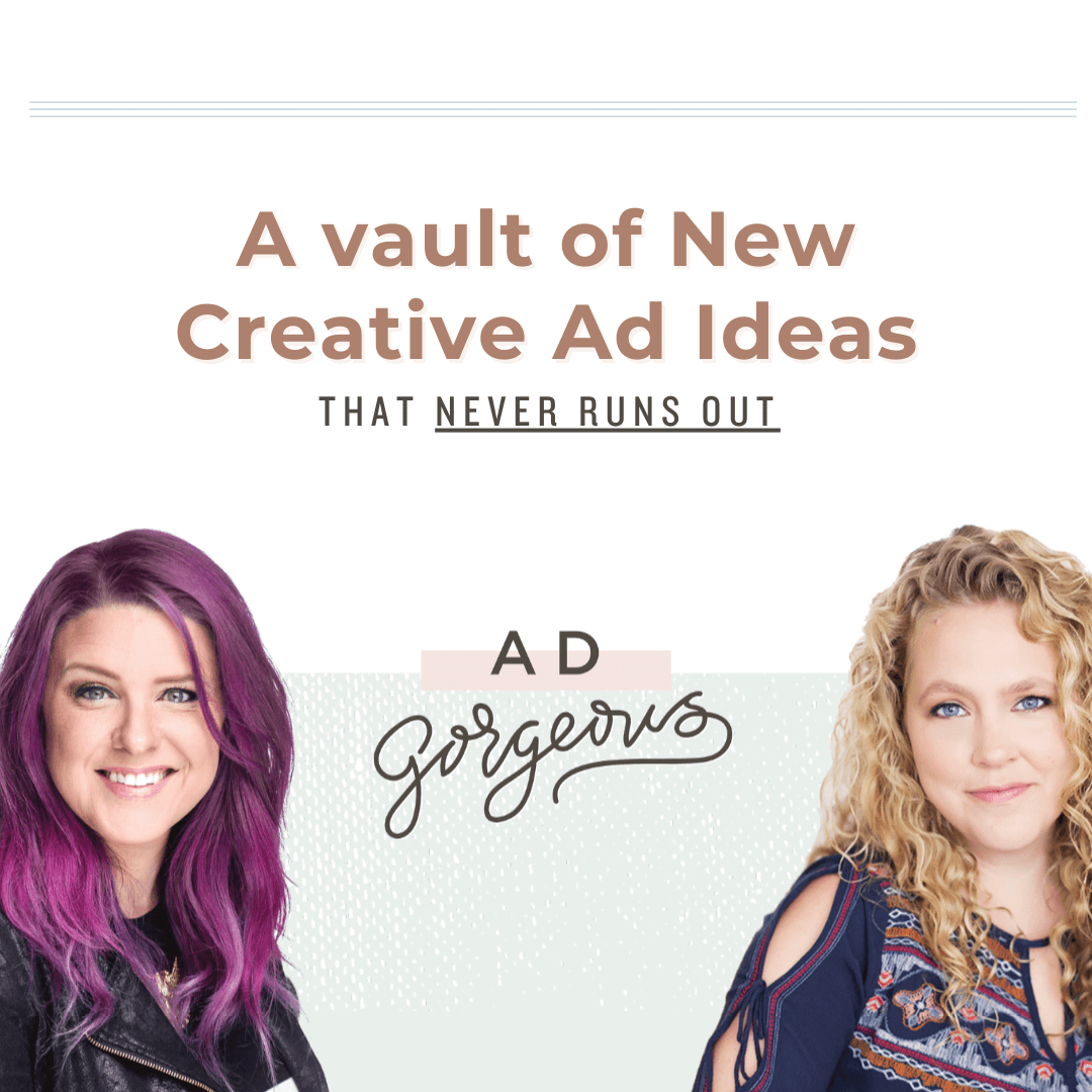 Ad Promo graphic with two women on either side and Ad Gorgeous logo in the center promoting their ad creatives program.