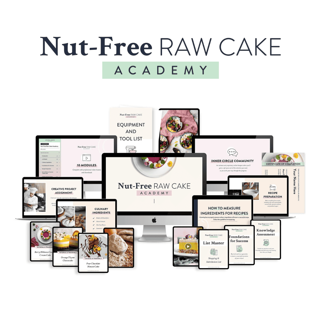 Instagram promo graphic with a chocolate nut-free raw cake in the background and a phone showing a chef on the right.