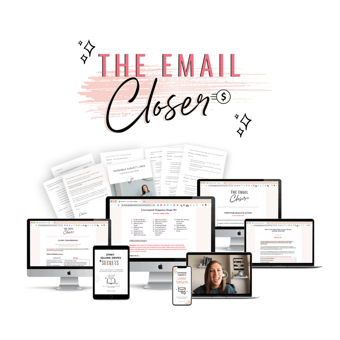 Instagram promo graphic with device mockups at the bottom and an email copywriting course logo at the top