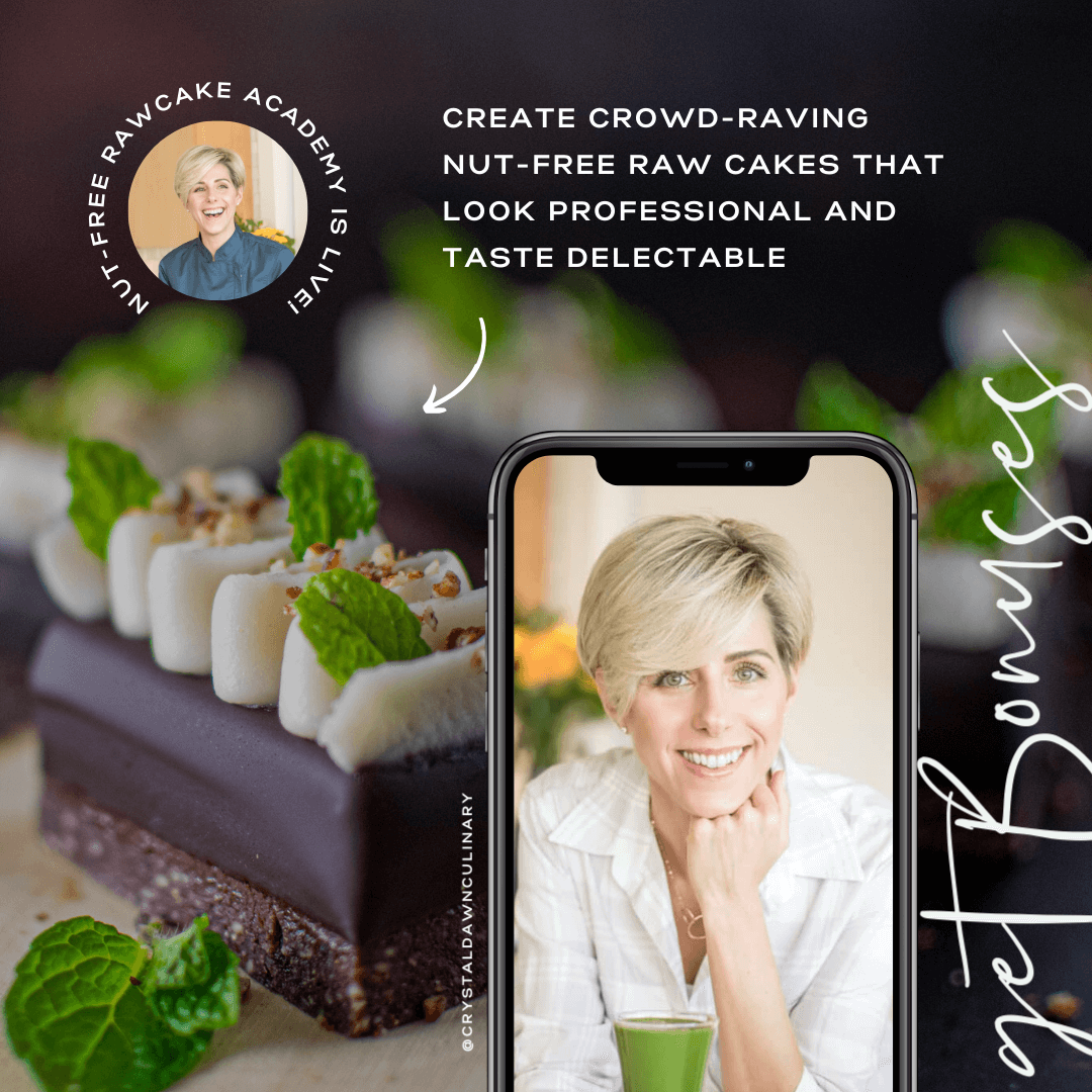 Instagram promo graphic with a chocolate nut-free raw cake in the background and a phone showing a chef on the right.
