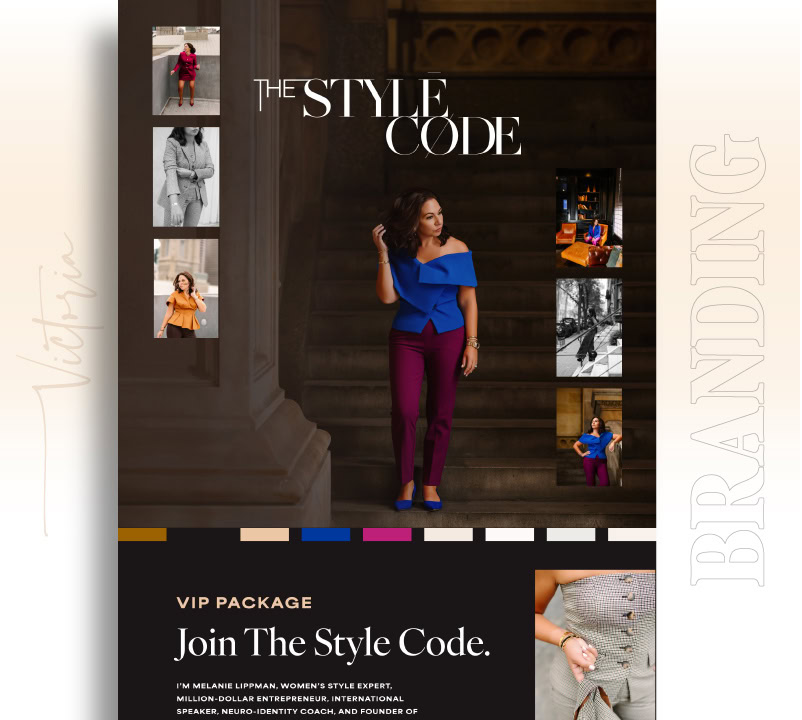 Style Coach program brand board showing logo, color palette, fonts, and images.