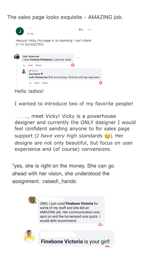 Client testimonial screenshots showcasing satisfaction with sales page and graphic design.