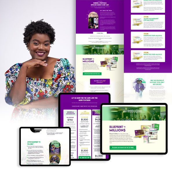 Sales page design for home care growth expert with device mockups showcasing the page layout.