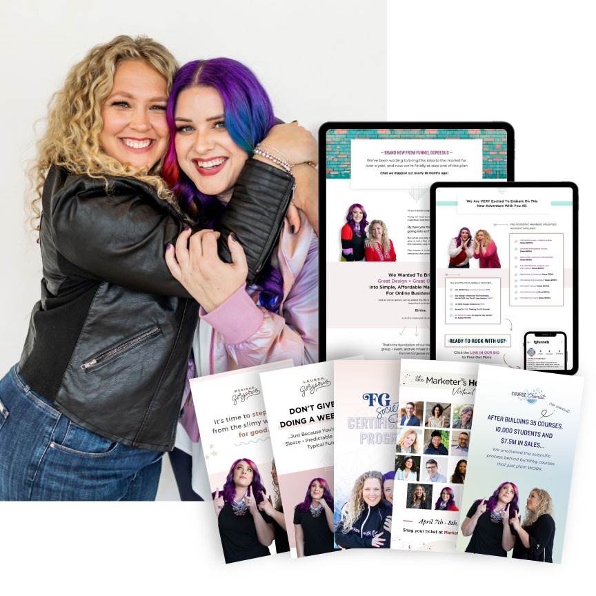 Sales page design for two women marketers with their photo on the left, page mockup on the right, and story promo graphics beneath.