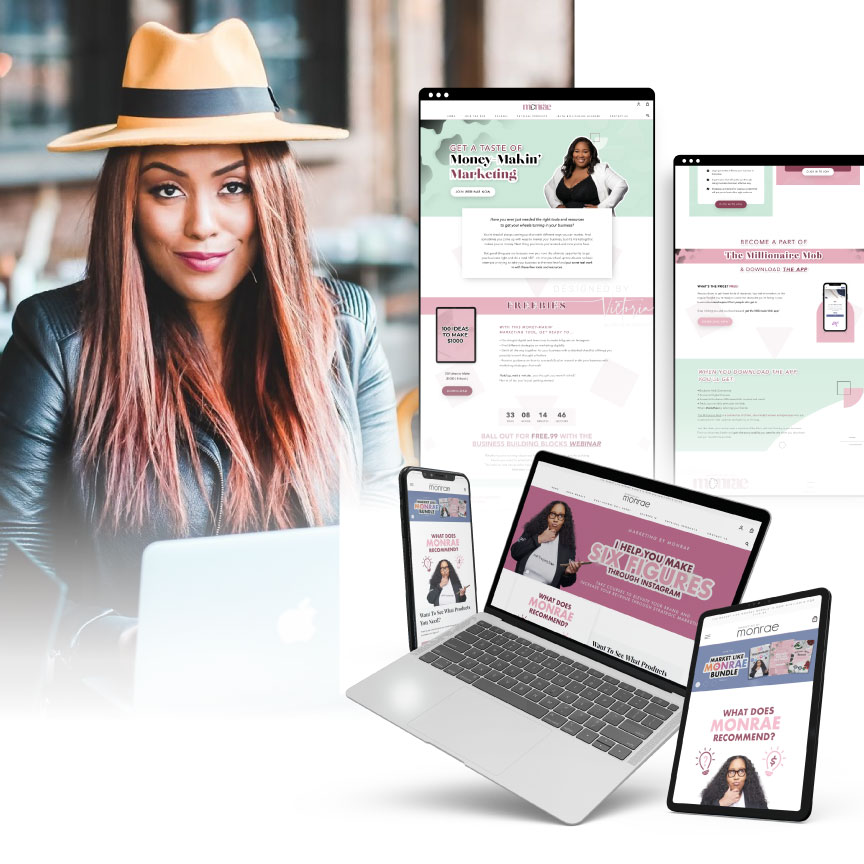 Sales page design for marketing coach with her photo on the left, tablet and laptop mockups of the page on the right.