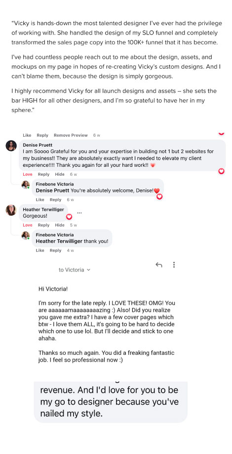 Collage of testimonials highlighting client praise for sales page and design services.