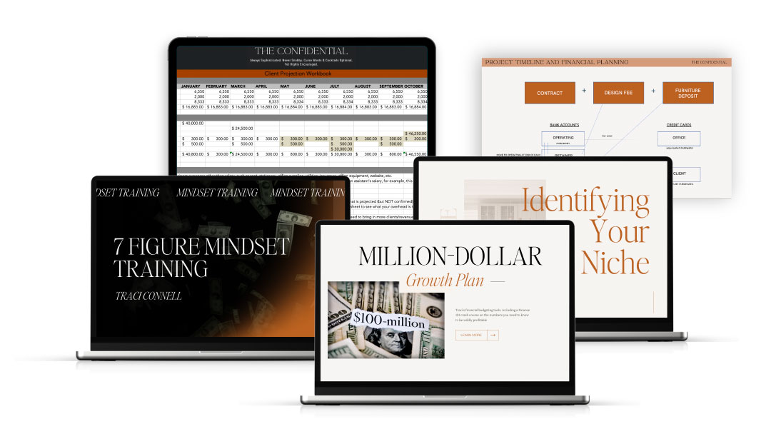 Device mockups of a business coaching program sales page highlighting a million dollar growth plan.