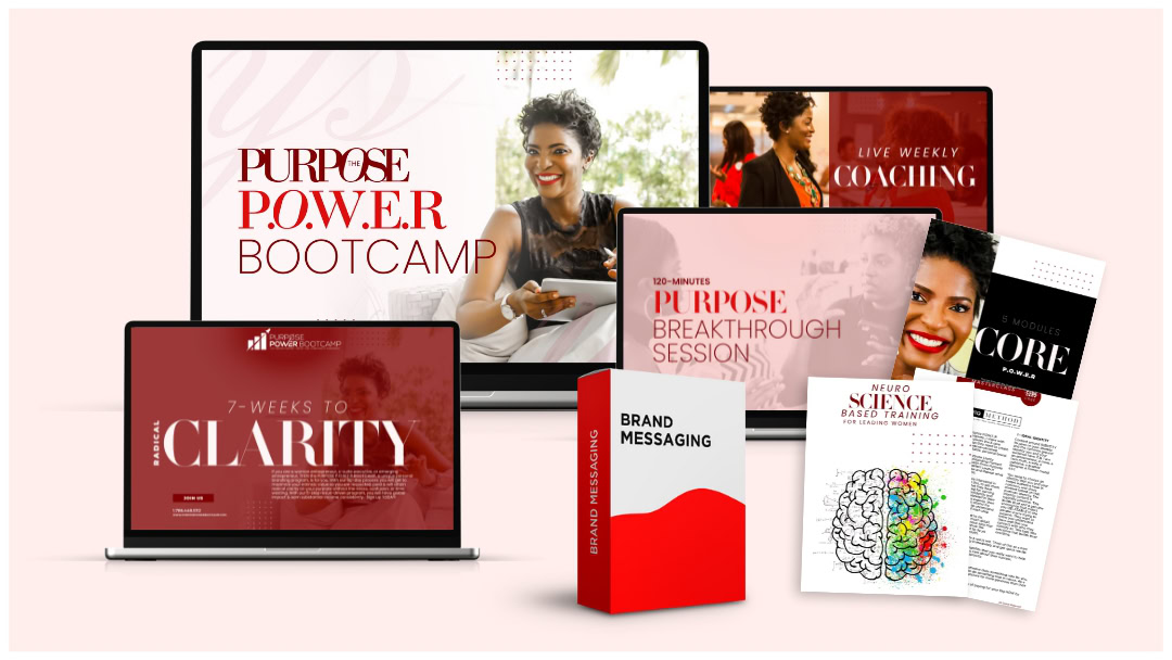 Device mockups showcasing features of a Personal Branding Bootcamp program including brand messaging, coaching, and, clarity.