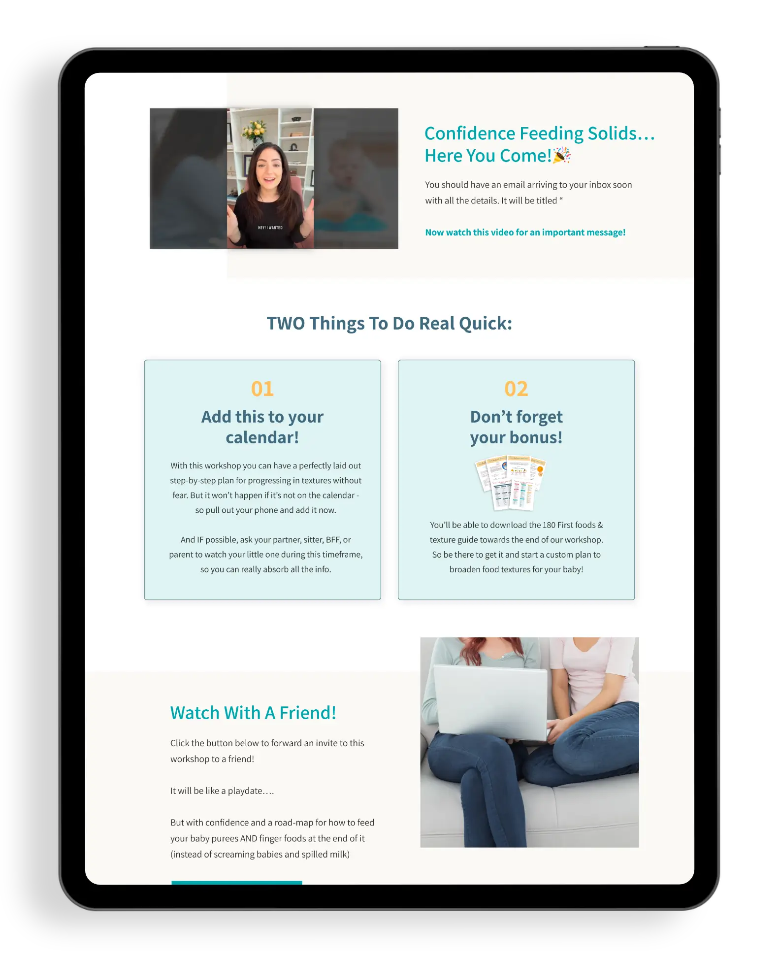 Thank-you page with a welcome video at the top and two columns of next-step instructions below.