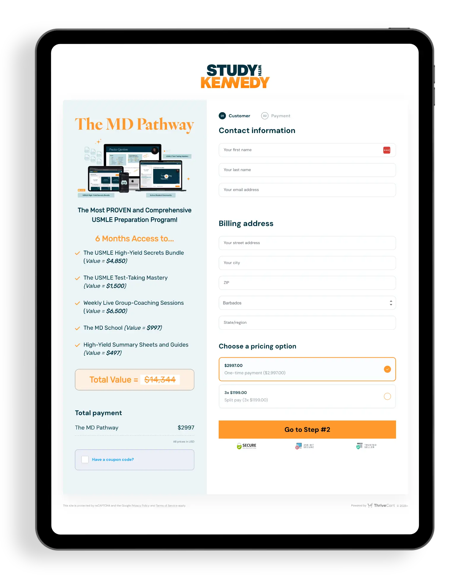 Thrivecart checkout with program logo, program mockup, value stack, and pricing details.