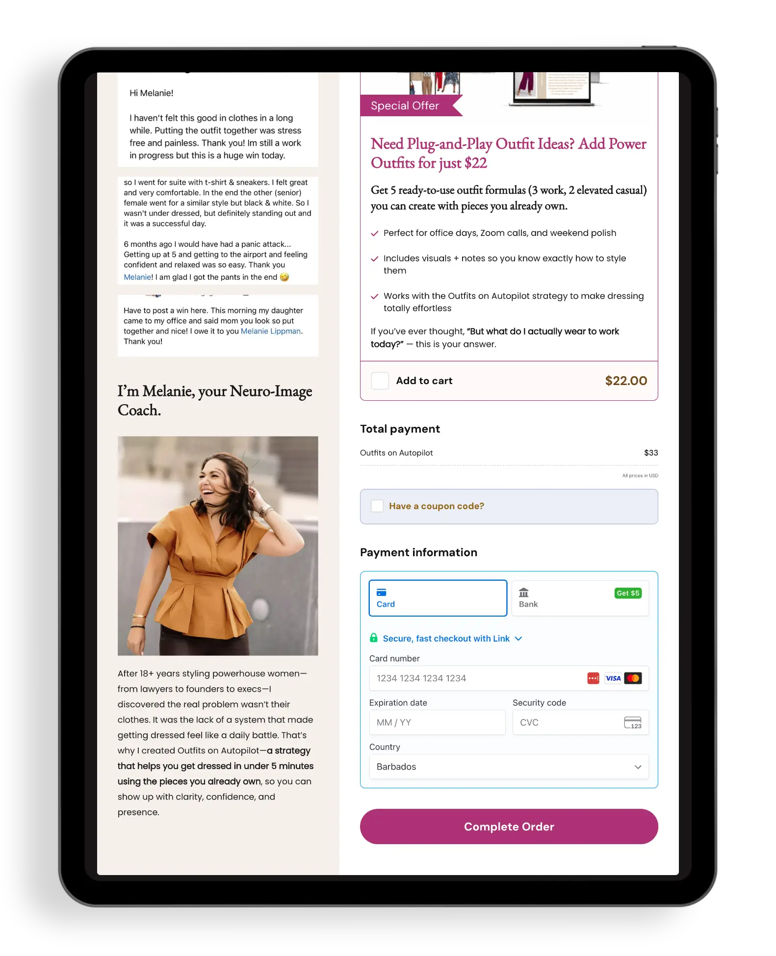 Thrivecart checkout with testimonials, client image, order bump, and payment details.